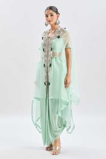Shop_Prisho_Blue Cotton, Chiffon Beads, Cut Work, Embroidery Sweetheart Floral Cape Set _Online_at_Aza_Fashions