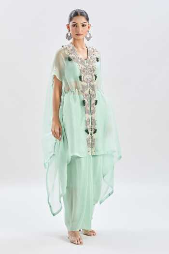 Prisho_Blue Cotton, Chiffon Beads, Cut Work, Embroidery Sweetheart Floral Cape Set _at_Aza_Fashions