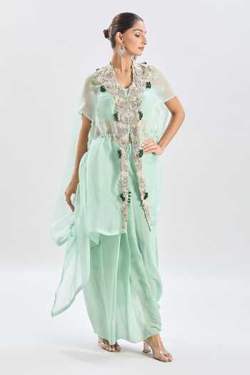 Buy_Prisho_Blue Cotton, Chiffon Beads, Cut Work, Embroidery Sweetheart Floral Cape Set 