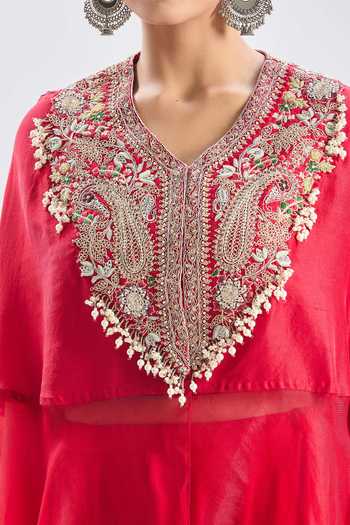 Buy_Prisho_Red , Silk Embroidery V-neck Asymmetric Kaftan And Dhoti Pant Set _Online_at_Aza_Fashions