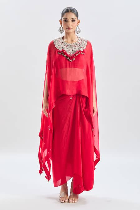 Shop_Prisho_Red Chiffon Cut Work, Tassels Sweetheart Floral Embroidered Yoke Cape Skirt Set _Online_at_Aza_Fashions