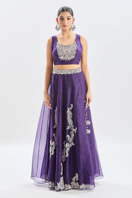 Prisho_Purple Silk, Georgette Embroidery, Cut Work Paisley Cape Kalidar Skirt Set _Online_at_Aza_Fashions