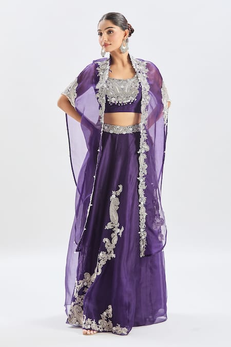 Shop_Prisho_Purple Silk, Georgette Embroidery, Cut Work Paisley Cape Kalidar Skirt Set _Online_at_Aza_Fashions