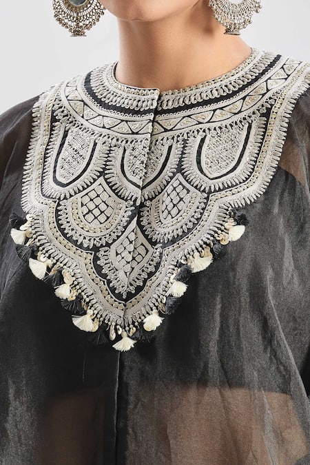 Buy_Prisho_Black Organza Tassels, Embroidery Sweetheart Geometric Cape And Draped Skirt Set _Online_at_Aza_Fashions