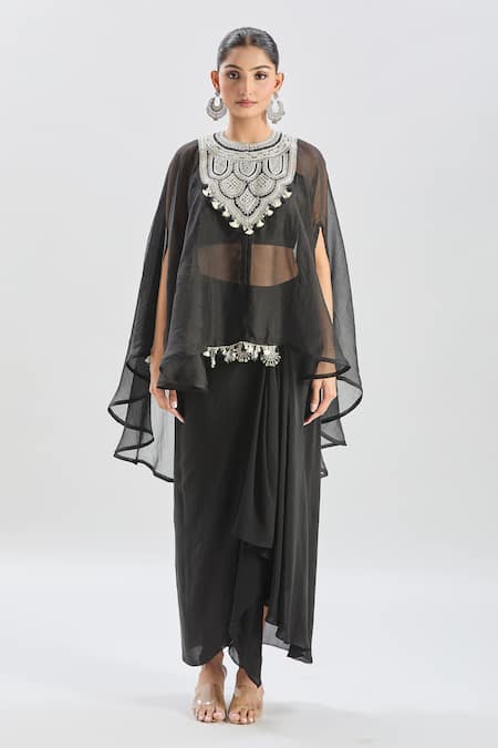 Shop_Prisho_Black Organza Tassels, Embroidery Sweetheart Geometric Cape And Draped Skirt Set _Online_at_Aza_Fashions