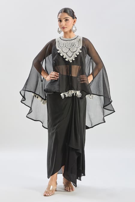 Prisho_Black Organza Tassels, Embroidery Sweetheart Geometric Cape And Draped Skirt Set _at_Aza_Fashions