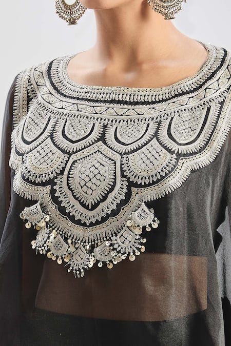 Shop_Prisho_Black Organza Diamonds Sweetheart Geometric Embroidered Cape And Draped Skirt Set _Online_at_Aza_Fashions