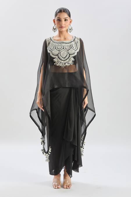 Prisho_Black Organza Diamonds Sweetheart Geometric Embroidered Cape And Draped Skirt Set _at_Aza_Fashions