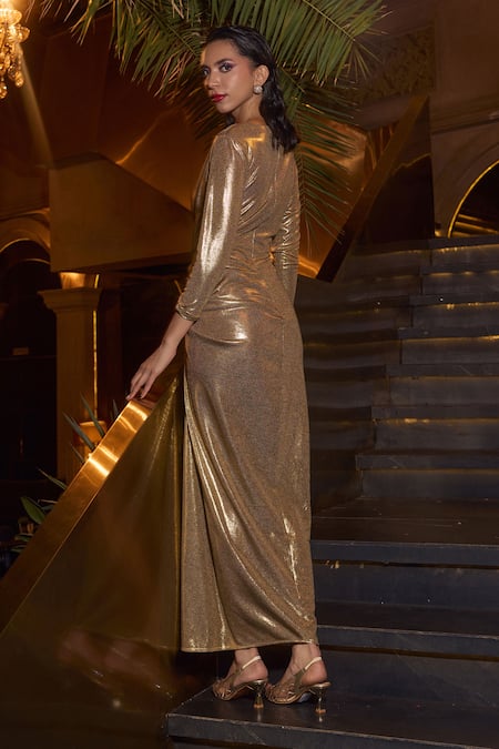 House Of Fett Gold Metallic Draped Gown 