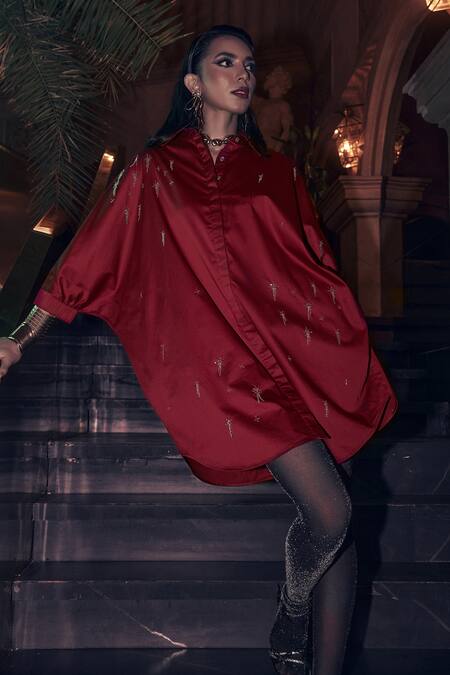 House Of Fett Maroon Poplin Embroidery Collared Aviory Shirt Dress Online at Aza Fashions House Of Fett_Maroon Poplin Embroidery Collared Aviory Shirt Dress_Online_at_Aza_Fashions