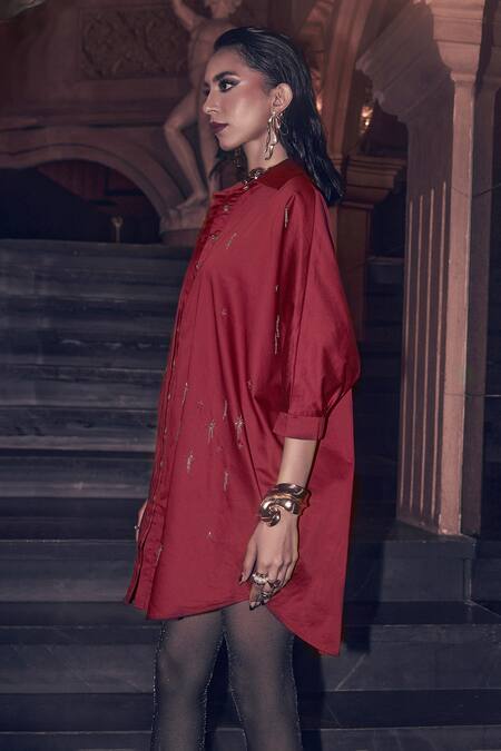 Shop House Of Fett Maroon Poplin Embroidery Collared Aviory Shirt Dress Online at Aza Fashions Shop_House Of Fett_Maroon Poplin Embroidery Collared Aviory Shirt Dress_Online_at_Aza_Fashions
