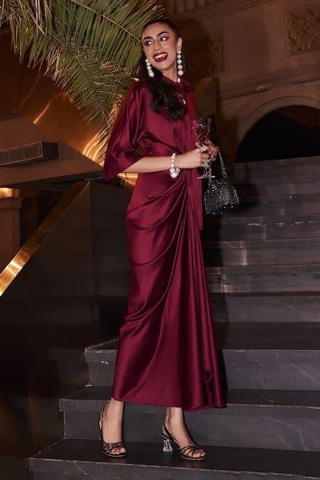 House Of Fett_Maroon Brocade Mandarin Collar Draped Satin Gown _Online_at_Aza_Fashions