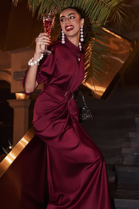 Buy_House Of Fett_Maroon Brocade Mandarin Collar Draped Satin Gown _Online_at_Aza_Fashions