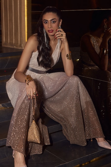 Shop_House Of Fett_White Georgette Sequins V-neck Ombre Embellished Jumpsuit _Online_at_Aza_Fashions