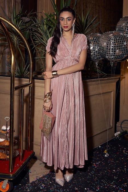 House Of Fett Pink Polyester Lace V-neck Braided Pleated Gown Online at Aza Fashions House Of Fett_Pink Polyester Lace V-neck Braided Pleated Gown _Online_at_Aza_Fashions