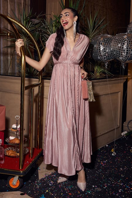 Buy House Of Fett Pink Polyester Lace V-neck Braided Pleated Gown Online at Aza Fashions Buy_House Of Fett_Pink Polyester Lace V-neck Braided Pleated Gown _Online_at_Aza_Fashions