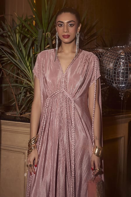 House Of Fett Pink Polyester Lace V-neck Braided Pleated Gown at Aza Fashions House Of Fett_Pink Polyester Lace V-neck Braided Pleated Gown _at_Aza_Fashions