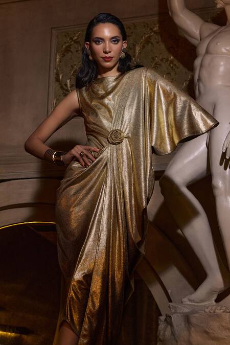Shop House Of Fett Gold Boat Neck Metallic Asymmetric Draped Gown Online at Aza Fashions Shop_House Of Fett_Gold Boat Neck Metallic Asymmetric Draped Gown _Online_at_Aza_Fashions