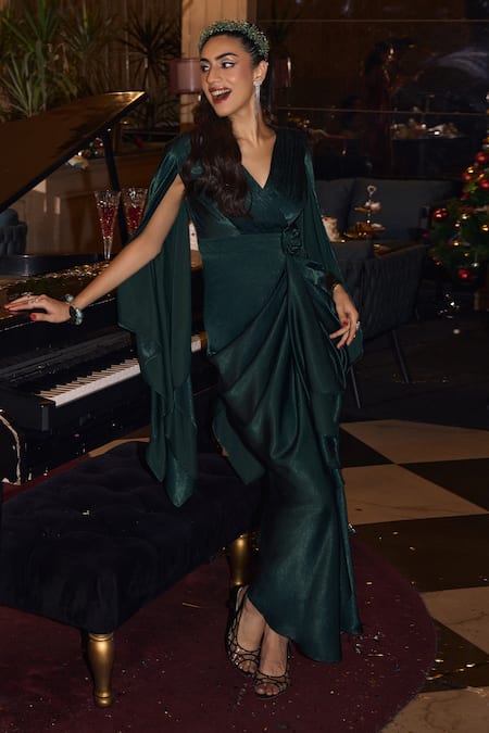 House Of Fett_Green Satin V-neck Emerald Winged Sleeves Gown _Online_at_Aza_Fashions