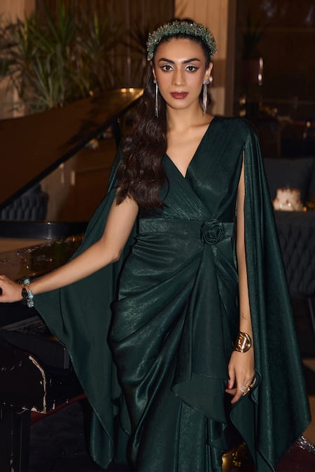 Buy_House Of Fett_Green Satin V-neck Emerald Winged Sleeves Gown _Online_at_Aza_Fashions