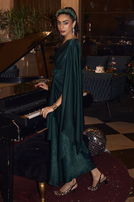 House Of Fett_Green Satin V-neck Emerald Winged Sleeves Gown _at_Aza_Fashions