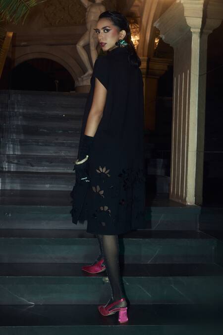 Shop House Of Fett Black Polyester Round Neck Laser Cut Floral Jacket Dress at Aza Fashions Shop_House Of Fett_Black Polyester Round Neck Laser Cut Floral Jacket Dress_at_Aza_Fashions