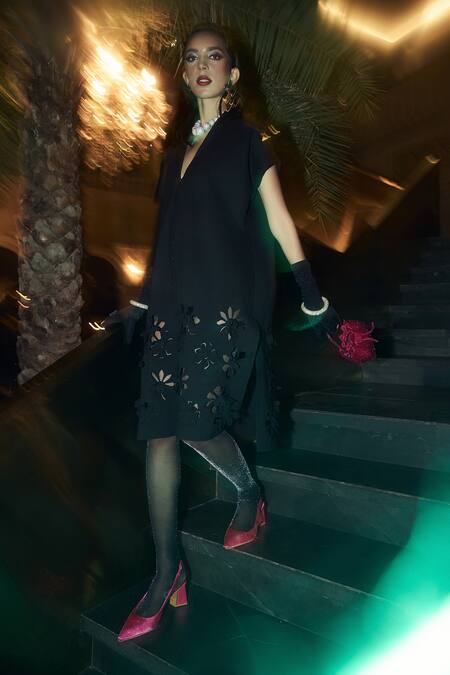 House Of Fett Black Polyester Round Neck Laser Cut Floral Jacket Dress Online at Aza Fashions House Of Fett_Black Polyester Round Neck Laser Cut Floral Jacket Dress_Online_at_Aza_Fashions