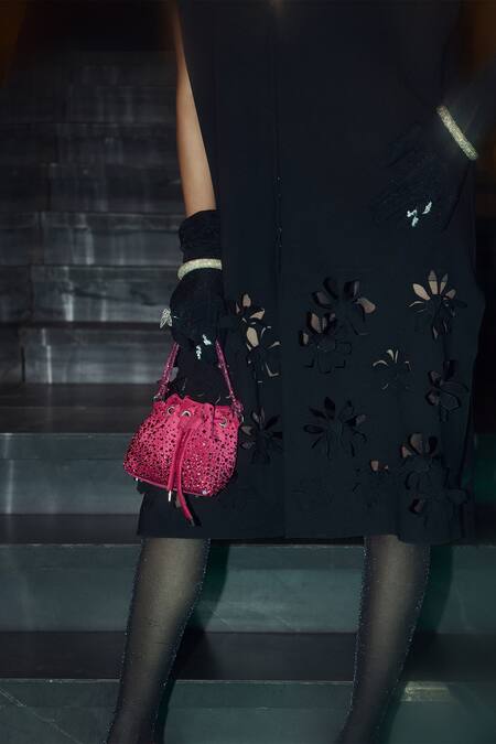 Shop House Of Fett Black Polyester Round Neck Laser Cut Floral Jacket Dress Online at Aza Fashions Shop_House Of Fett_Black Polyester Round Neck Laser Cut Floral Jacket Dress_Online_at_Aza_Fashions