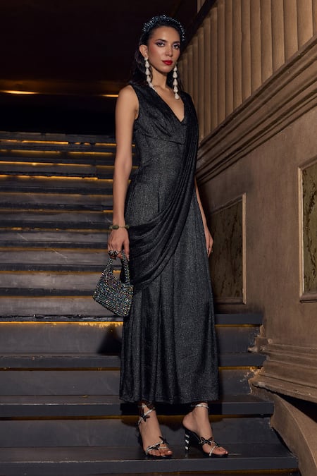 House Of Fett Black Shimmery Draped Jumpsuit