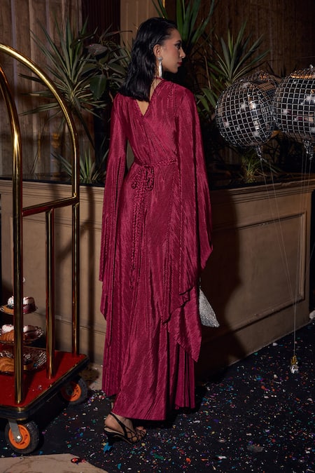 Shop_House Of Fett_Maroon Kota Doria Lace V-neck Embellished Braided Gown _at_Aza_Fashions