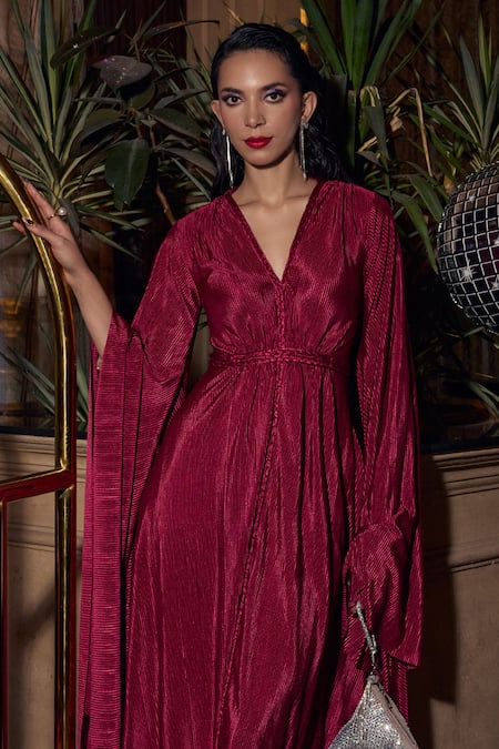 House Of Fett_Maroon Kota Doria Lace V-neck Embellished Braided Gown _Online_at_Aza_Fashions