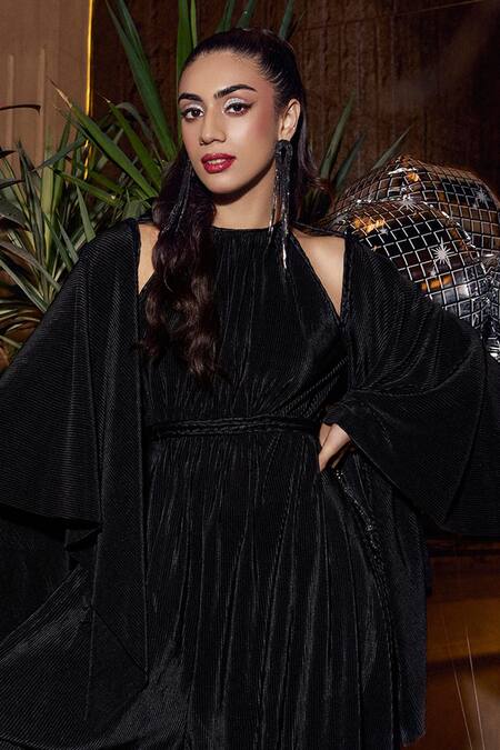 House Of Fett_Black Kota Doria Lace Off-shoulder Pleated Braided Jumpsuit _Online_at_Aza_Fashions