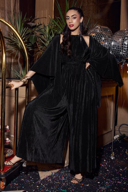 Buy_House Of Fett_Black Kota Doria Lace Off-shoulder Pleated Braided Jumpsuit _Online_at_Aza_Fashions