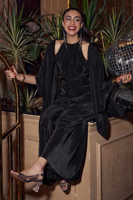 House Of Fett_Black Kota Doria Lace Off-shoulder Pleated Braided Jumpsuit _at_Aza_Fashions