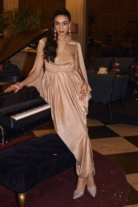 House Of Fett_Gold Linen Ruffles Keyhole Neck Rosette Applique Winged Sleeve Gown _Online_at_Aza_Fashions