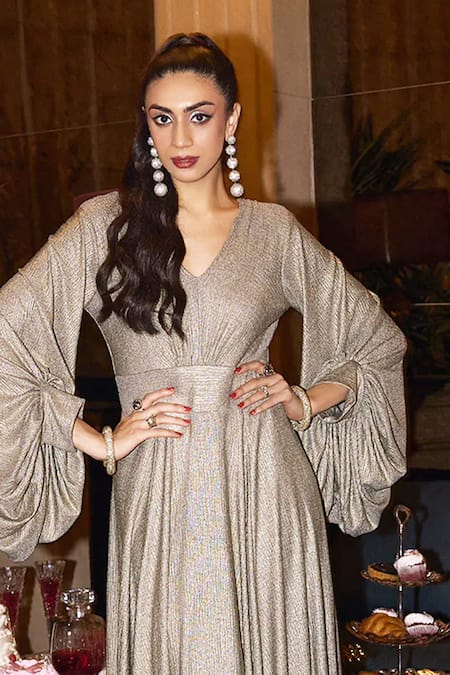 Buy_House Of Fett_Ivory Polyester V-neck Asymmetric Hemline Maxi Dress _Online_at_Aza_Fashions