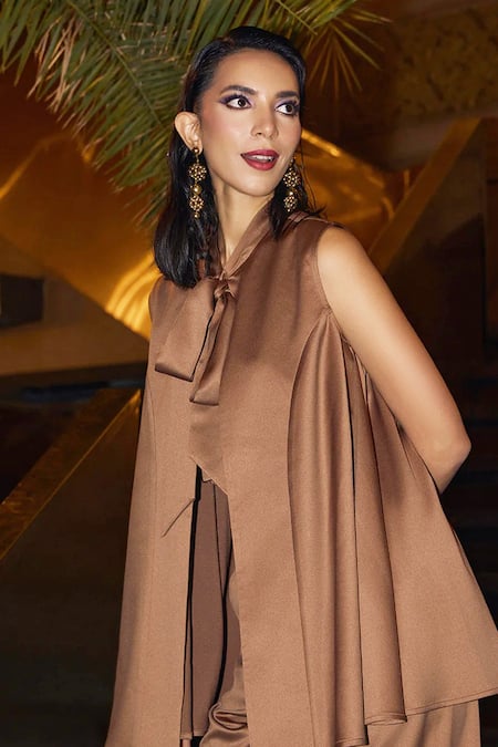 Buy_House Of Fett_Brown Brocade Turtle Neck Solid Tie-up Satin Jacket And Trouser Set _Online_at_Aza_Fashions