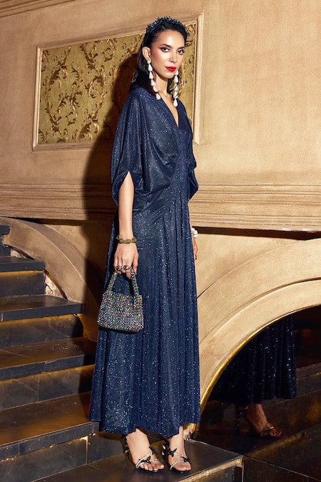 House Of Fett Blue Polyester V-neck Shimmery V Gown With Cape Sleeves Online at Aza Fashions House Of Fett_Blue Polyester V-neck Shimmery V Gown With Cape Sleeves _Online_at_Aza_Fashions