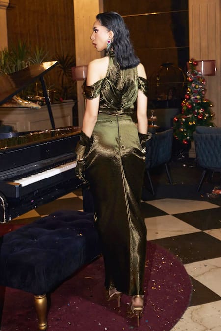 House Of Fett Metallic Olive Green Draped Skirt Set 