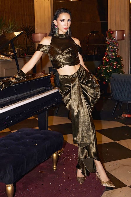House Of Fett_Green Satin Halter Neck Metallic Olive Draped Skirt Set _Online_at_Aza_Fashions