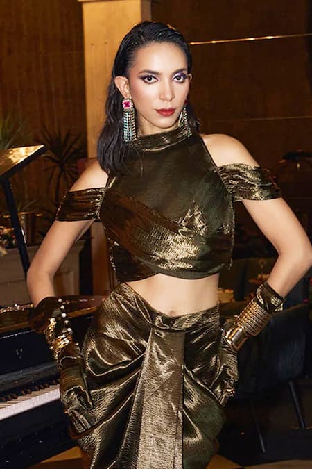 Buy_House Of Fett_Green Satin Halter Neck Metallic Olive Draped Skirt Set _Online_at_Aza_Fashions