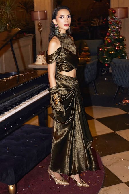 Shop_House Of Fett_Green Satin Halter Neck Metallic Olive Draped Skirt Set _Online_at_Aza_Fashions