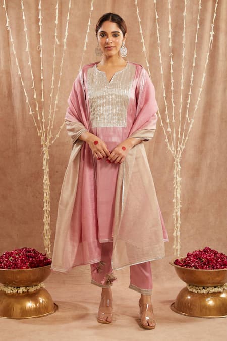Nero India Pink Tissue Gota Patti Lace Embellished Kurta Set