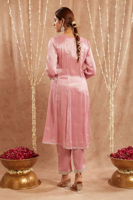 Shop Nero India Pink Tissue Gota Patti Lace Embellished Kurta Set at Aza Fashions Shop_Nero India_Pink Tissue Gota Patti Lace Embellished Kurta Set _at_Aza_Fashions