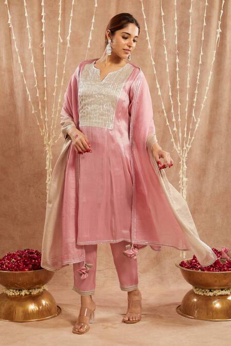 Nero India Pink Tissue Gota Patti Lace Embellished Kurta Set Online at Aza Fashions Nero India_Pink Tissue Gota Patti Lace Embellished Kurta Set _Online_at_Aza_Fashions