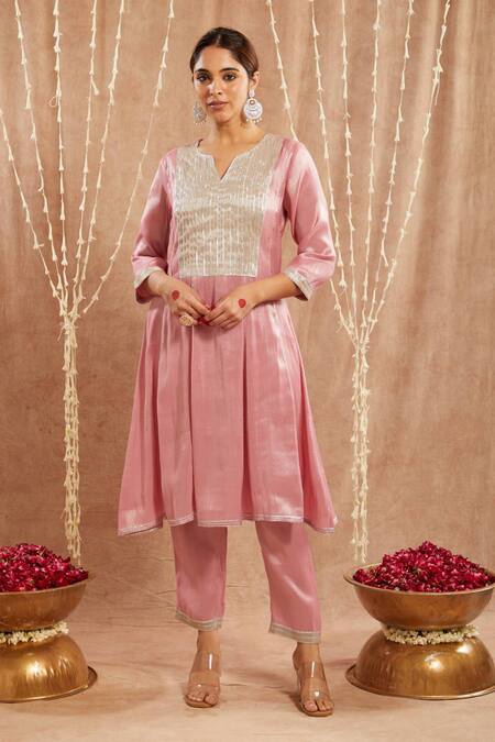 Shop Nero India Pink Tissue Gota Patti Lace Embellished Kurta Set Online at Aza Fashions Shop_Nero India_Pink Tissue Gota Patti Lace Embellished Kurta Set _Online_at_Aza_Fashions