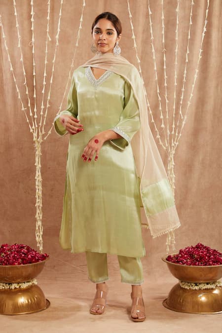 Nero India Green Tissue Beads, Zari, Gota Patti V-neck Embroidered Kurta Set