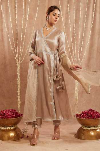 Buy Nero India Beige Tissue Gota Patti, Sequins Open Neck Embellished Angarkha Kurta And Pant Set at Aza Fashions Buy_Nero India_Beige Tissue Gota Patti, Sequins Open Neck Embellished Angarkha Kurta And Pant Set_at_Aza_Fashions