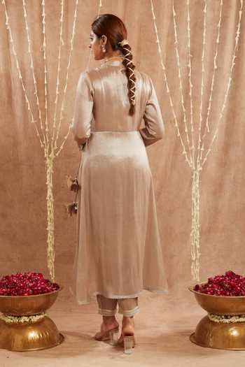 Shop Nero India Beige Tissue Gota Patti, Sequins Open Neck Embellished Angarkha Kurta And Pant Set at Aza Fashions Shop_Nero India_Beige Tissue Gota Patti, Sequins Open Neck Embellished Angarkha Kurta And Pant Set_at_Aza_Fashions