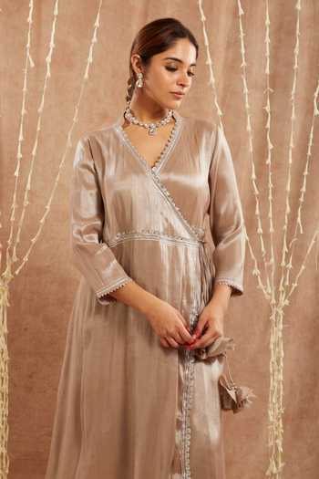 Buy Nero India Beige Tissue Gota Patti, Sequins Open Neck Embellished Angarkha Kurta And Pant Set Online at Aza Fashions Buy_Nero India_Beige Tissue Gota Patti, Sequins Open Neck Embellished Angarkha Kurta And Pant Set_Online_at_Aza_Fashions